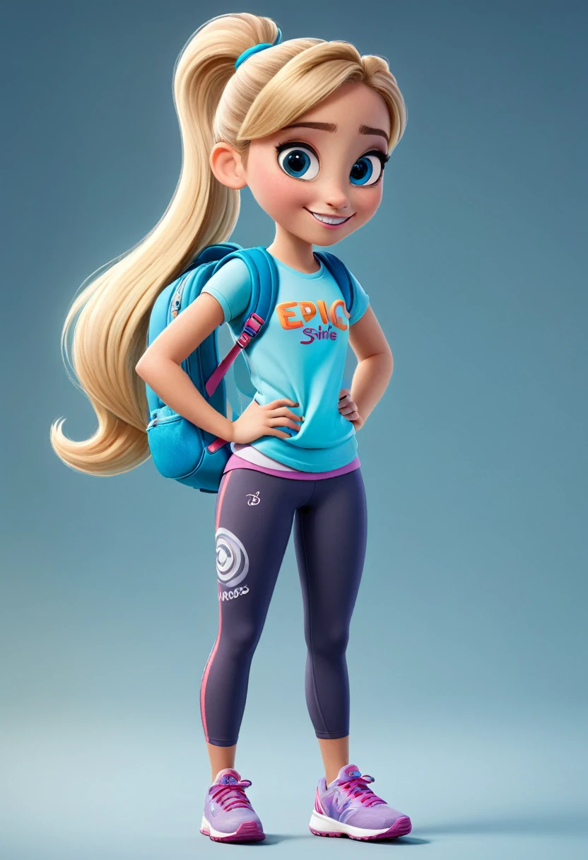 "Create a female character in the Disney Pixar style for a store called Estilo Épico. She must be a short, sporty girl of about  with blonde hair tied in a ponytail, big eyes and a captivating smile. She wears sports leggings with a modern design and has a backpack next to it with 'Epic Style' written in captivating colors. The character should appear friendly and full of energy.