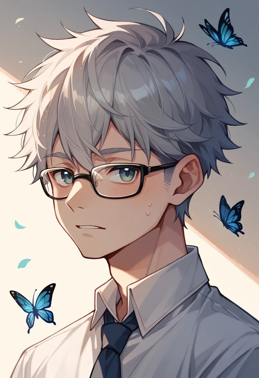 high resolution、High quality、Petals fluttering、A young man with short, fluffy silver hair、Glasses、Butterflies fluttering、Overall image、