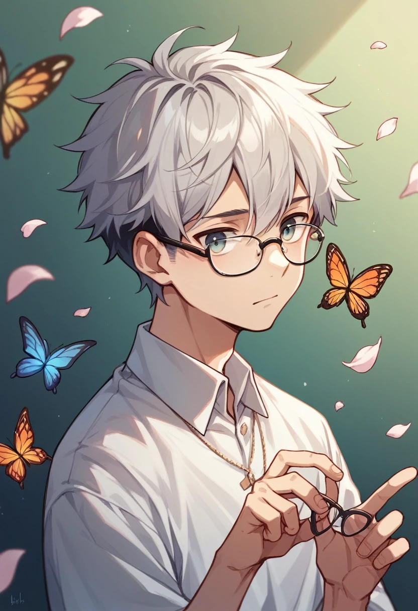 high resolution、High quality、Petals fluttering、A young man with short, fluffy silver hair、Glasses、Butterflies fluttering、Overall image、