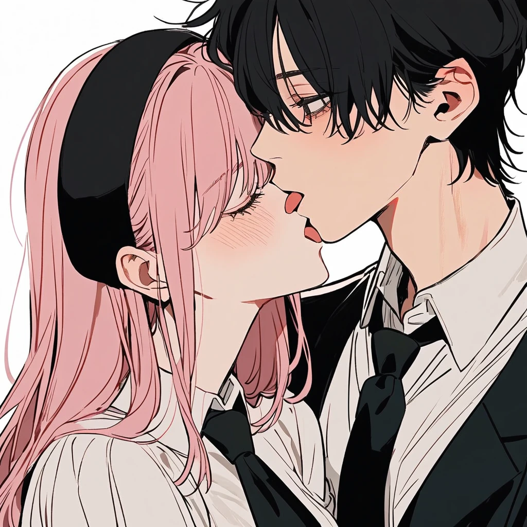 1 older woman with long, light pink hair,kissing a younger boy with short black hair,she is holding his head,(Tongue kiss), bloodstains,both with a white blouse and a black tie, White background, estilo chainsaw man