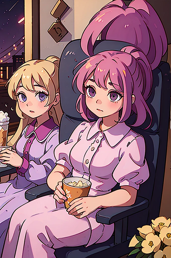 2 girls, cinema, sitting on chairs, popcorn, cups of coke
1 girl, blonde hair, long hair, curly hair, pink dress
1 girl, brown hair, long hair, high ponytail, lilac strands, purple dress, flowers on the dress