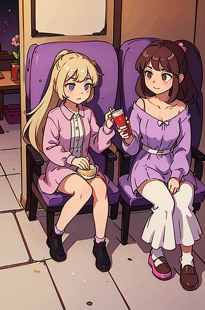 2 girls, cinema, sitting on chairs, popcorn, cups of coke
1 girl, blonde hair, long hair, curly hair, pink dress
1 girl, brown hair, long hair, high ponytail, lilac strands, purple dress, flowers on the dress
