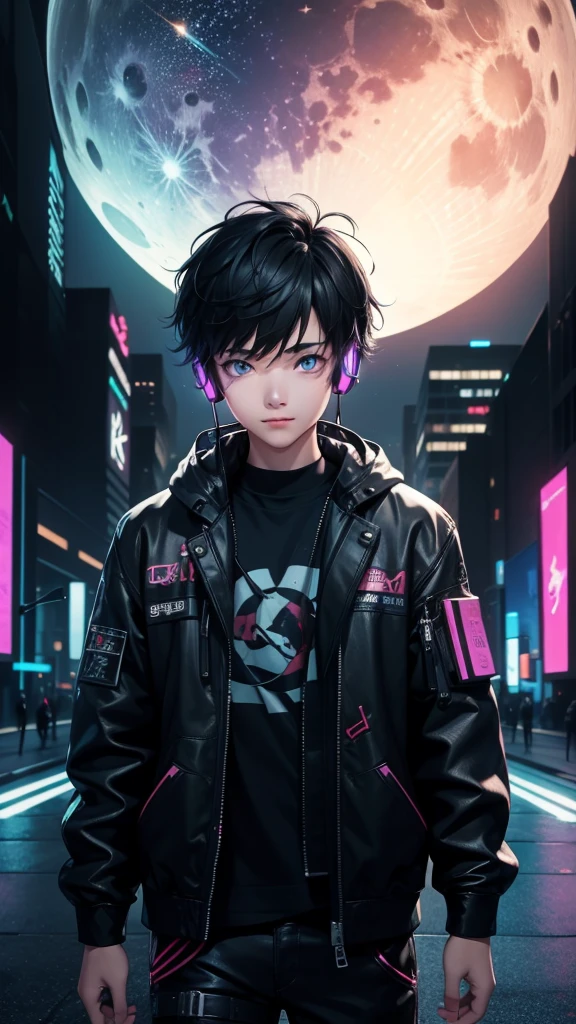 1boy, (extremely beautiful), solo, male focus, cyberpunk, neon lights, vibrant colors, headphones, Cyberpunk, neon, masterpiece, best quality, ultra-detailed, cyberpunk background, detail, in the starry night, moon, explosive and clear eyes, glowing eyes, beautiful details in the wind, little smile.