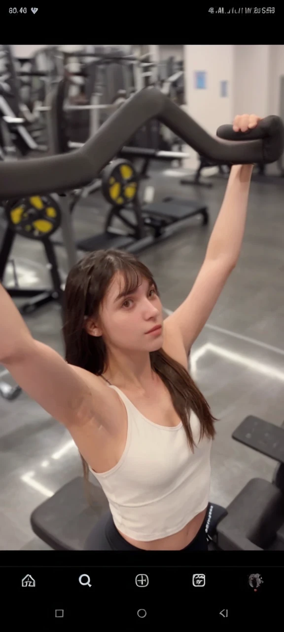 The image shows a young woman with long hair, wearing a white tank top, standing in a gym. She is holding her arms outstretched, possibly posing for a photo.