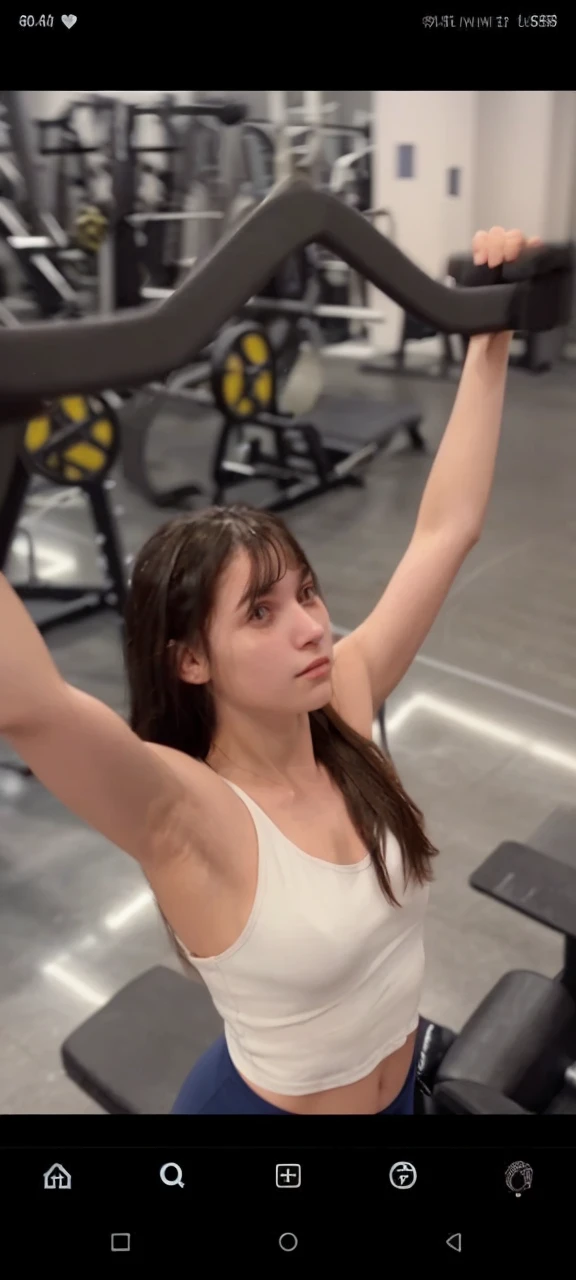 The image shows a young woman with long hair, wearing a white tank top, standing in a gym. She is holding her arms outstretched, possibly posing for a photo.