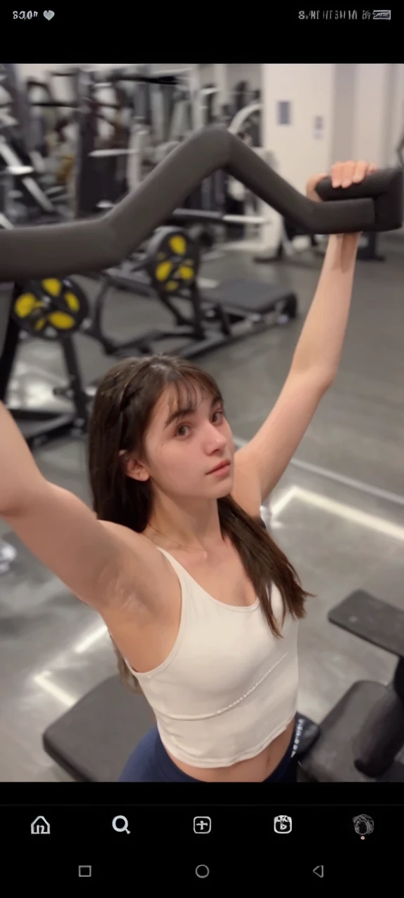 The image shows a young woman with long hair, wearing a white tank top, standing in a gym. She is holding her arms outstretched, possibly posing for a photo.