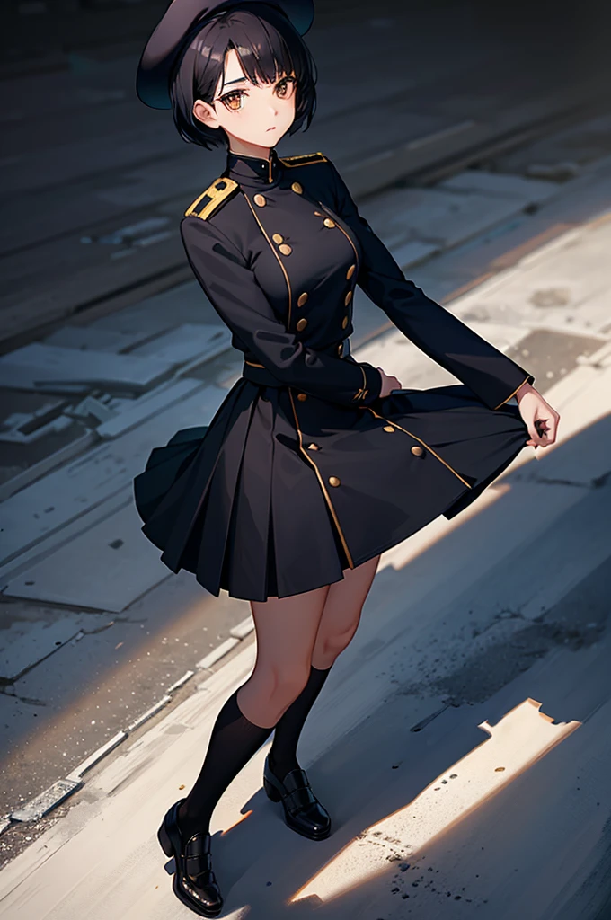 1woman, short black hair, gold eyes, navy academy uniform, beret, standing on ground, high res, ultra sharp, 8K, masterpiece