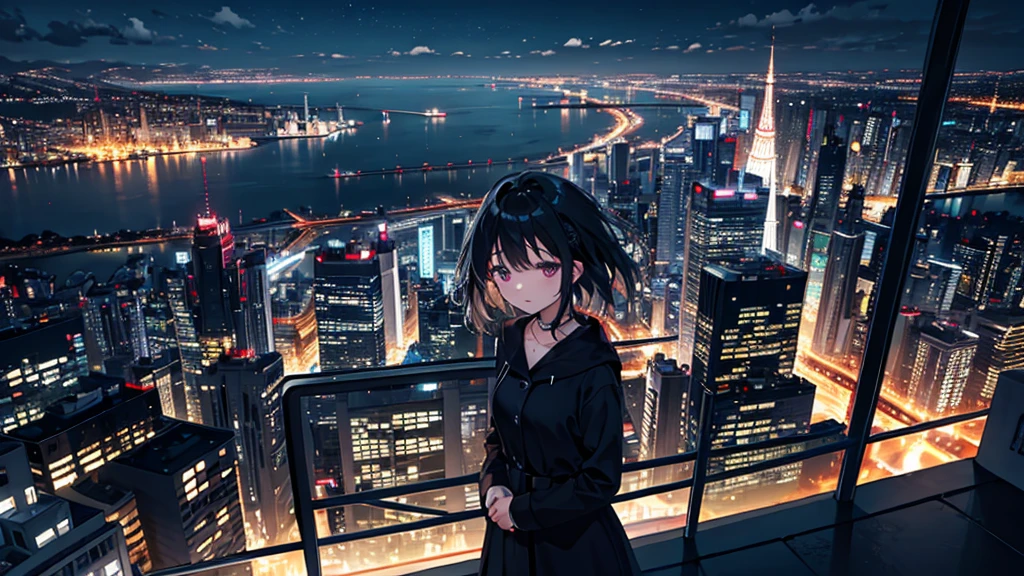 night、Cityscape、City lights、One Woman、Black Hair、