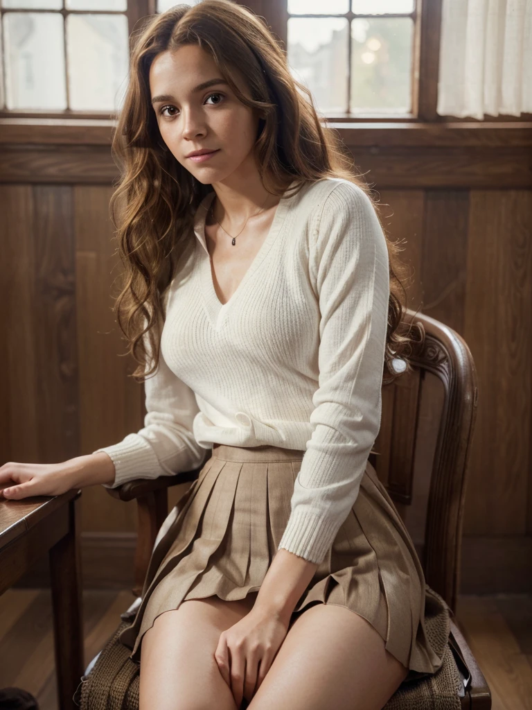 8k, RAW photo, best quality, ultra high resolution, (photorealistic), realistic photo of hermione granger, (hermione grenger), (hermione grenger, slim face, thick ties, brown, curly hair), in the hogwarts, bright light, (full body picture), ((photo from the side)), sitting on the chair, posing for picture, (sexy pose), (wearing hermione grenger costume, (white shirt, brown sweater, pleated skirt)), ((looking at viewer)), shy smile, romantic, (extremely detailed CG unity 8k wallpaper), Sharp focus, (bright light)
