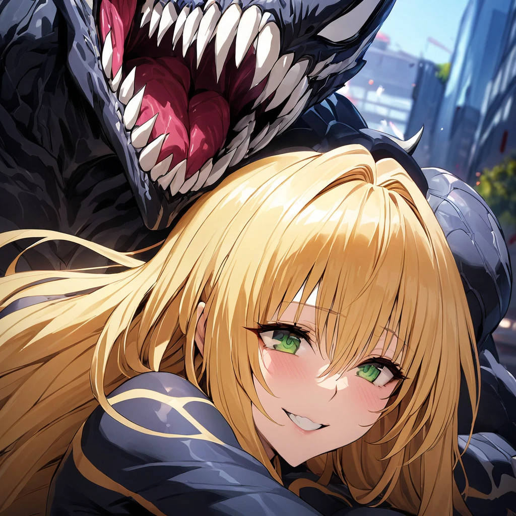 ((Highest quality)), ((masterpiece)), (detailed), (Perfect Face)、The woman is Tiare, a green-eyed, blonde, medium-long-haired female Venom, whose body has been completely transformed into Venom and who is wearing a Venom suit.、The woman is happily snuggling up to the Venom man.