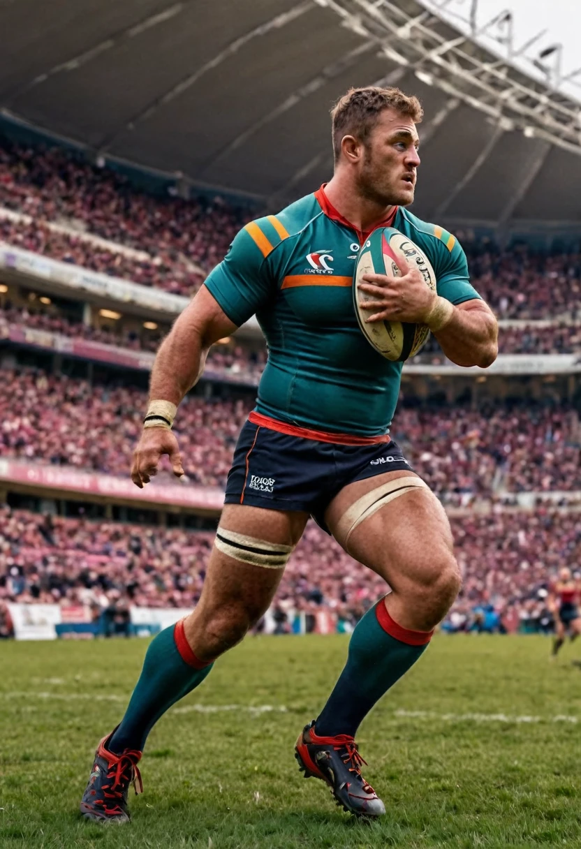 Athlete dressed, rugby games, full body, cinematic still, cinemascope, best quality, masterpiece, very aesthetic, perfect composition, intricate details, ultra-detailed, vivid colors