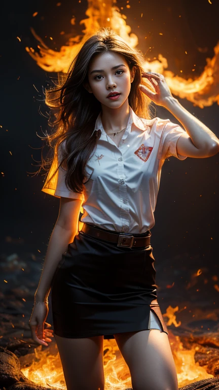 (fire element:1.1), knee shot, It consists of fire element,fire, transparency, burning, Frame print,burning hair,smoke,cloud,chopped, girl engulfed in flames, Flames fly and sparks scatter,mano burning,translucent luminescence, 18s woman in thai university uniform, long straight fire hair, white shirt, black tight mini skirt, brown belt, masterpiece:1.2, high detail, realistic, cinematic scene, fire goddess, slim and perfect figure, 16k, close up, portrait photo, dynamic powerful sexy pose