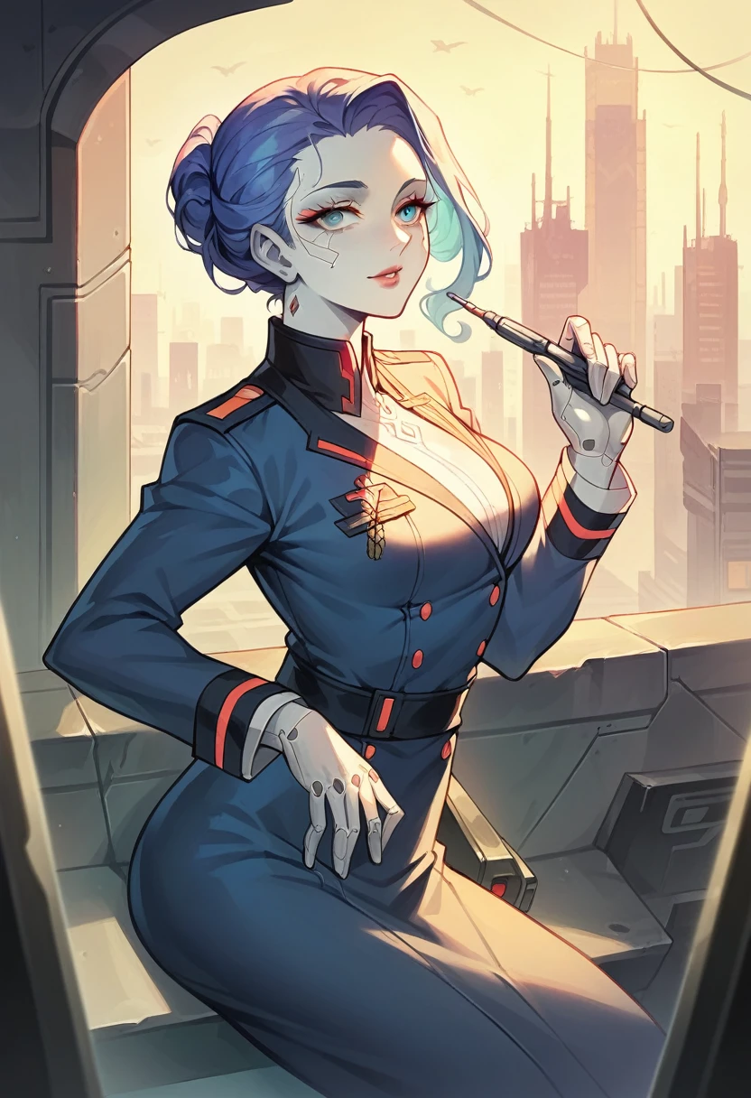(1 girl:1.3), One, __Body parts__ Delicate and realistic skin, pale skin, big, official art, 16k Unified Wallpapers, ultra detail, beauty and aesthetics, beauty, masterpiece, Best quality, in the city of cyberpunk, fantastic atmosphere, Calm color palette, peaceful mood, soft shadows, Flight Attendant Uniform, Glamour