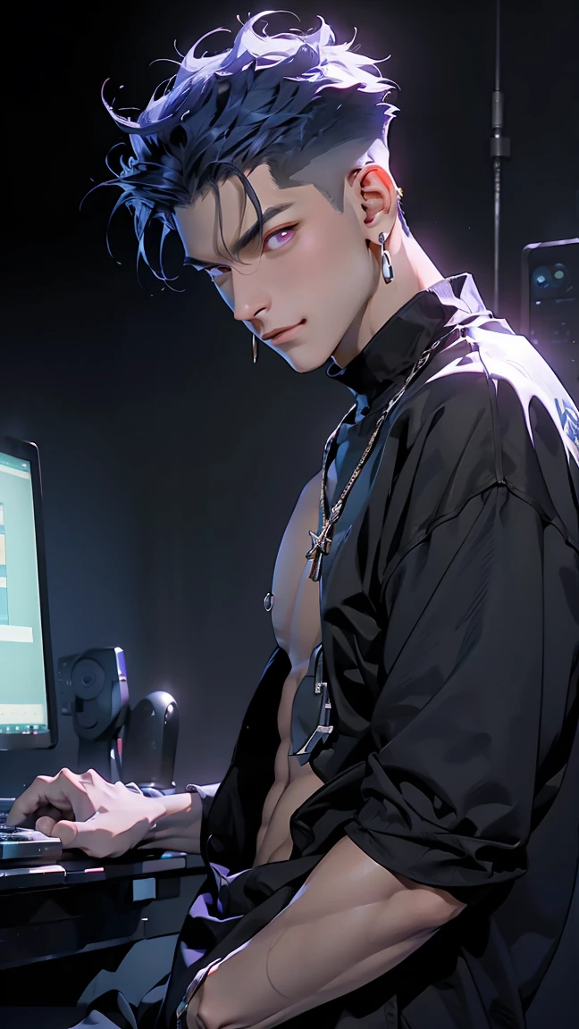 highest quality, 8K, high resolution image, anime style Jujutsu Kaisen, (Gilgamesh | Fate), detailed strokes, blurry, purple light reflecting from it, (close angle), 1 man, young, male, model, cooler Guy, multicolored background with different geometric shapes, around stickers, muscular, blue eyes, dark blue hair, hairstyle, hairstyle: undercut, short hair, blue hair, puffy chest, he is wearing a cool shirt and black sweatpants, hand in pants pocket, golden link chain, background: room, recording studio,
