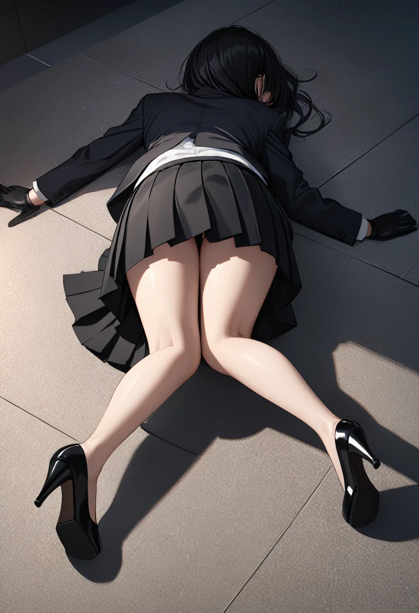 woman lying face down on the ground, wearing business attire, black hair, black eyes, black mini skirt, pleated skirt, black heels, black gloves, showing back, bare legs, thighs, chest pressed against the floor, top-down view, (best quality,4k,8k,highres,masterpiece:1.2),ultra-detailed,,intricate details,cinematic lighting,dramatic atmosphere,moody,dark tones , short blazer , face down , turn around , show me your back