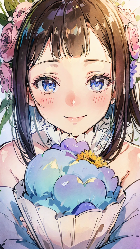 A shy smiling woman buries her face in a large bouquet of baby&#39;s breath. Watercolor painting. Woman is in profile. Space included.