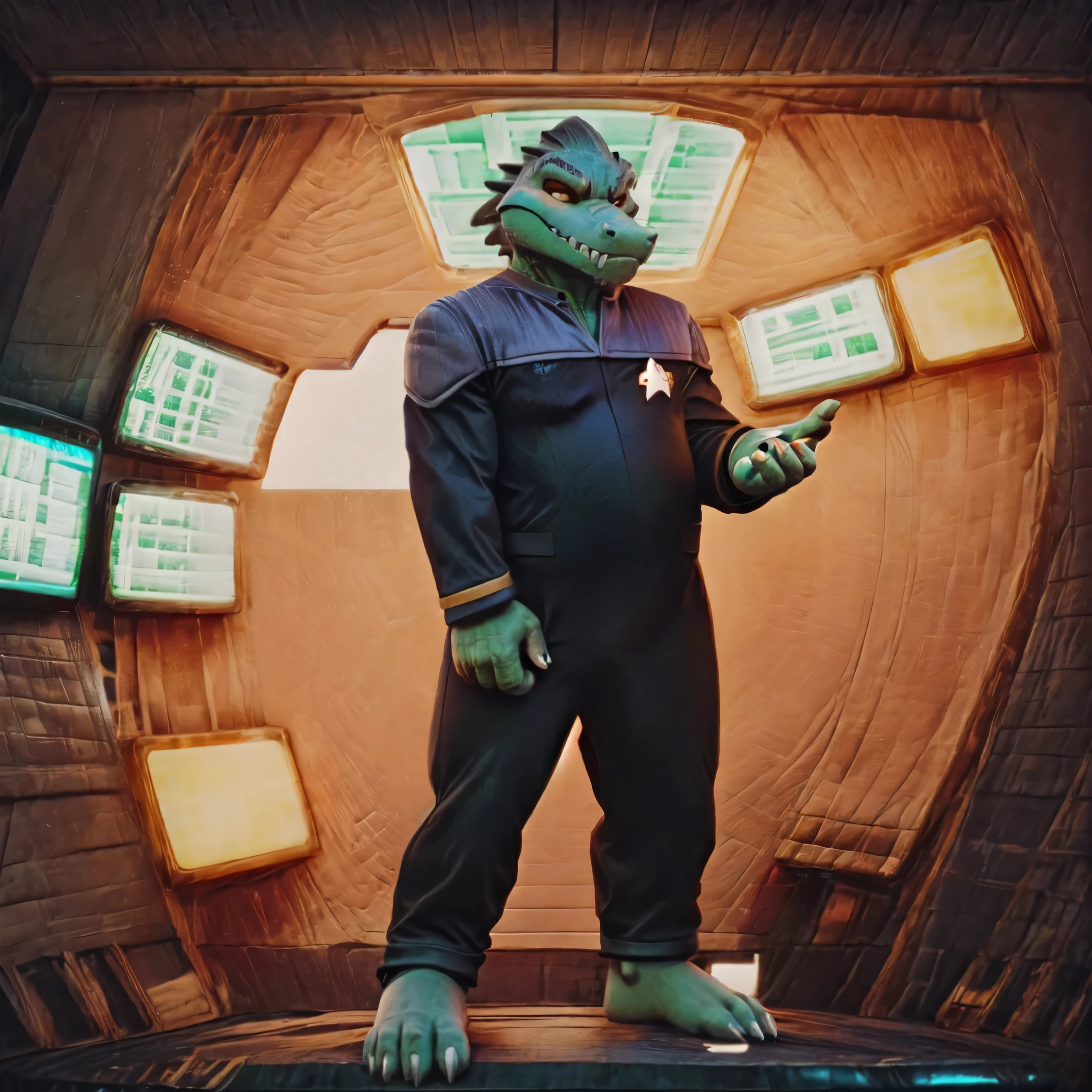 (((Barefoot scaley character, full body, cinematic setting, furry male, plantigrade))) 
Doctor (((kingkrool))), crocodile, green skin, reptile, gold bracelets, scales, bloodshot eye, fat, obese,
exudes confidence and authority, wears star trek DS9 doctor teal uniform, ((ds9st, black and grey star trek uniform, grey shoulders, teal neck, black jumpsuit, black pants)) dynamic pose, holding medical tricorder, ((starship interior with many screens and consoles)), futuristic look, metalic, bright colors
BREAK, intricate details, highly detailed, extreme detail, octane render, fine art, best quality, highres, (detailed face:1.5), ((full_body)), UHD, (((perfect hands))), ((low light:1.5))