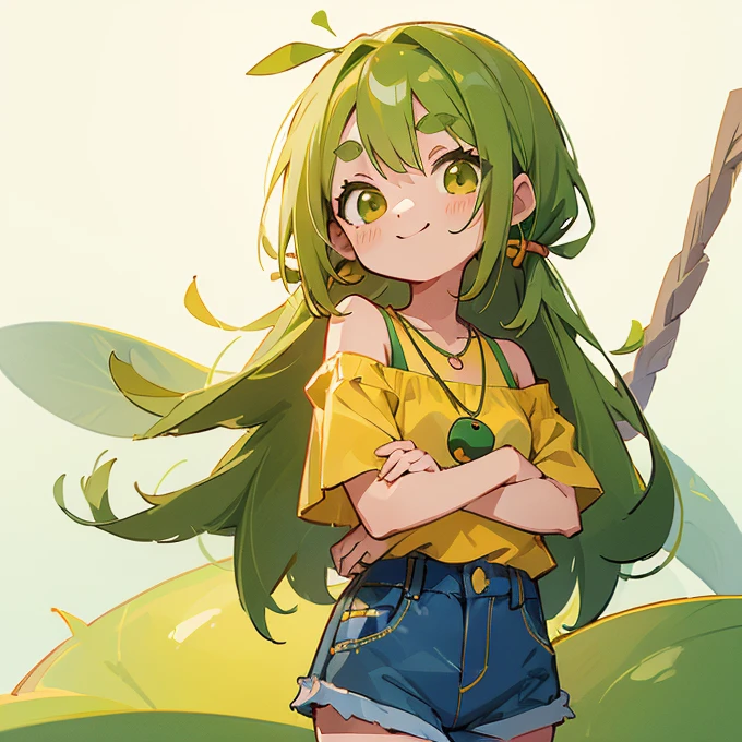 (masterpiece, Highest quality:1.2), (2 head body chibi character:1.1), Yellow-green hair, Long Hair, Yellow-green eyes, Yellow off-shoulder blouse, Denim shorts, Short bangs, Thick eyebrows, Edamame Necklace, Quiet atmosphere, smile, View your viewers, (Photo studio with a plain white background:1.0)