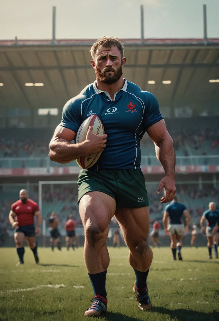 Athlete dressed, rugby practice, full body, cinematic still, cinemascope, best quality, masterpiece, very aesthetic, perfect composition, intricate details, ultra-detailed, vivid colors