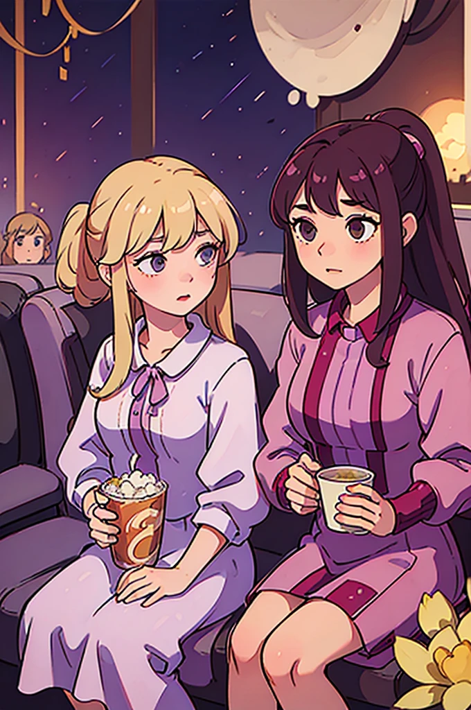 2 girls, cinema, sitting on chairs, popcorn, cups of coke
1 girl, blonde hair, long hair, curly hair, pink dress
1 girl, brown hair, long hair, high ponytail, lilac strands, purple dress, flowers on the dress