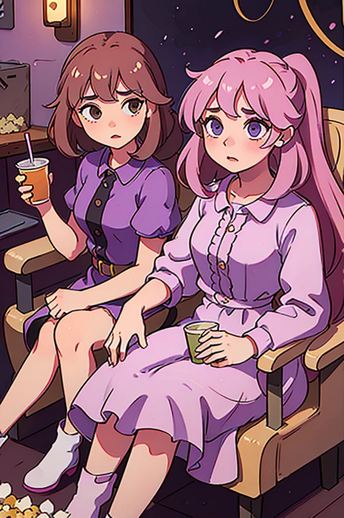 2 girls, cinema, sitting on chairs, popcorn, cups of coke
1 girl, blonde hair, long hair, curly hair, pink dress
1 girl, brown hair, long hair, high ponytail, lilac strands, purple dress, flowers on the dress