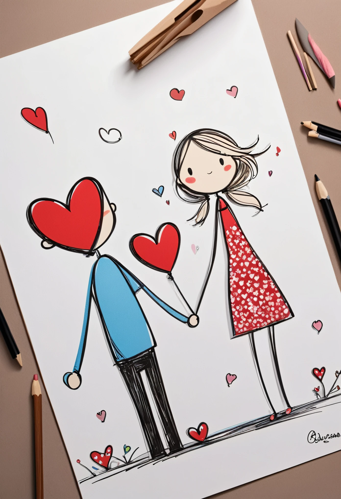 /I hand drawing cartoon style 2d stick figure of a loving couple [ACTION], hearts, very detailed, high quality
