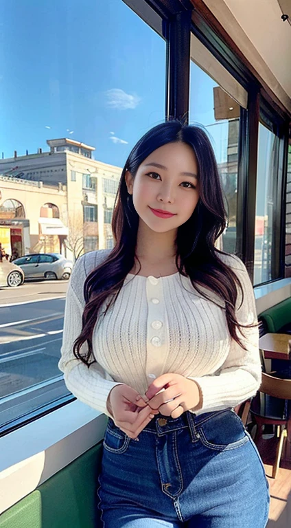Realistically, as a masterpiece of the highest quality, the woman behind the large window in the warm sunlight pouring in from a downtown café, in a lively style, with an emphasis on expressiveness, a look of devotion