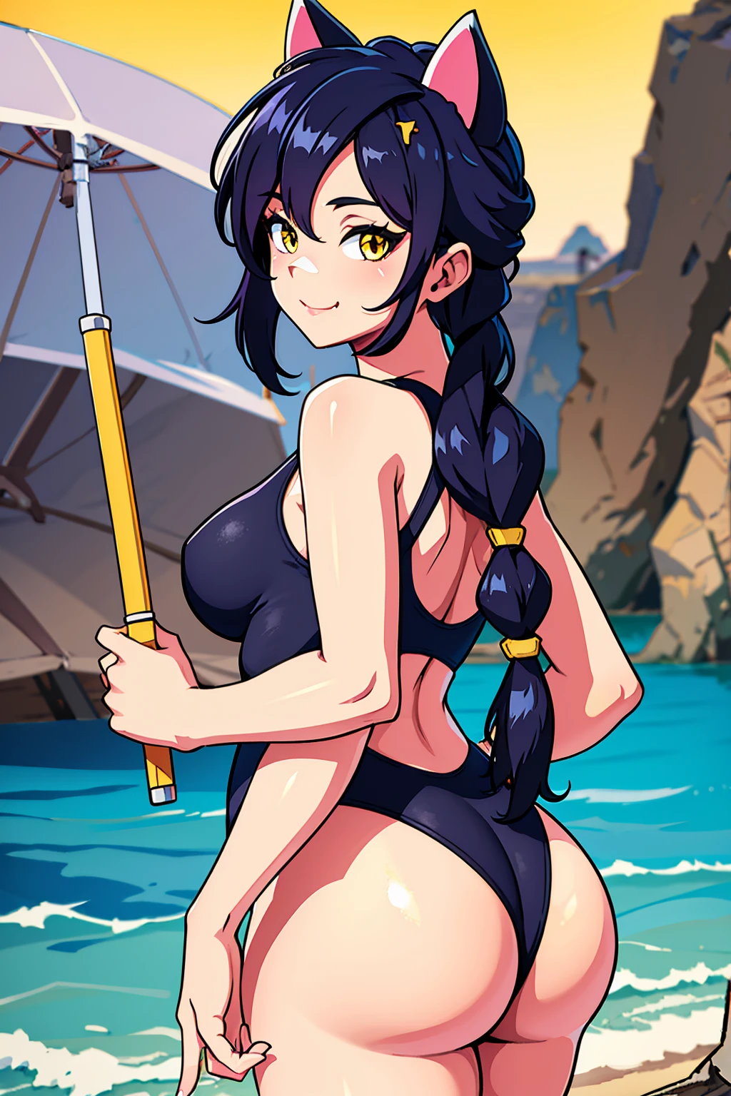 Erisa, 1girl, solo, long hair, looking at viewer, black hair, bandaid on face, yellow eyes, animal ears, smile, bandaid on nose, braid, cat ears, bandaid, bangs, breasts, fake animal ears, simple background, fang, bare shoulders, scar, bare shoulders, closed mouth, hair over one eye, portrait, hair over shoulder, legs, seductive, bathing suit, 2 piece swimsuit, beach, realistic, highly detailed face, detailed eyes, best quality, masterpiece, ultra detail, ultra high res, extreme detail, 8k, uhd, voluptuous, curvy, thick thighs, milf, butt, ass, round ass, from behind, holding up butt, 