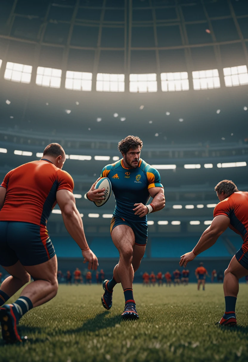 Athlete dressed, rugby training, full body, cinematic still, cinemascope, best quality, masterpiece, very aesthetic, perfect composition, intricate details, ultra-detailed, vivid colors