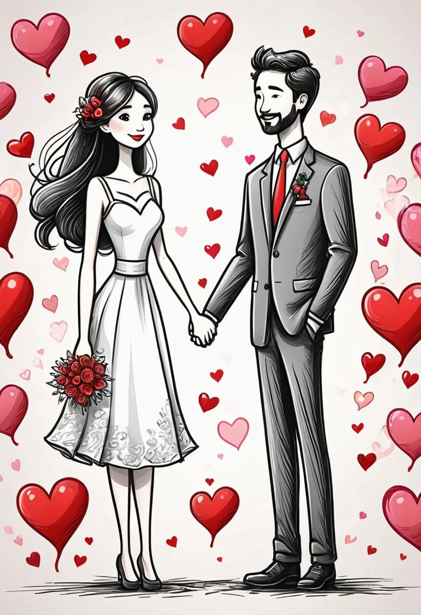 /I hand drawing cartoon style 2d stick figure of a loving couple [ACTION], hearts, very detailed, high quality
