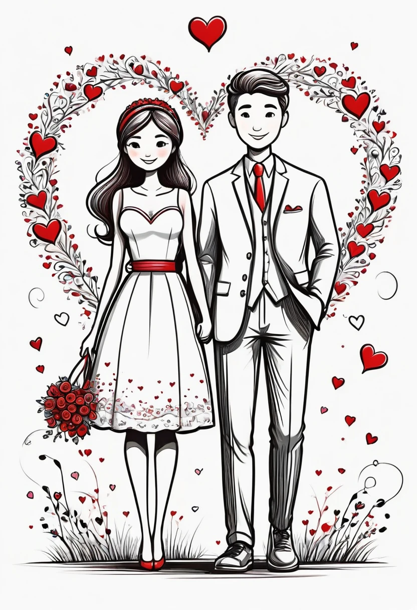 /I hand drawing cartoon style 2d stick figure of a loving couple [ACTION], hearts, very detailed, high quality
