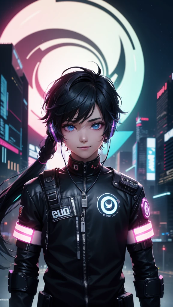 1boy, (extremely beautiful), solo, male focus, cyberpunk, neon lights, vibrant colors, headphones, Cyberpunk, neon, masterpiece, best quality, ultra-detailed, cyberpunk background, detail, in the starry night, moon, explosive and clear eyes, glowing eyes, beautiful details in the wind, little smile with Lord shiva god.