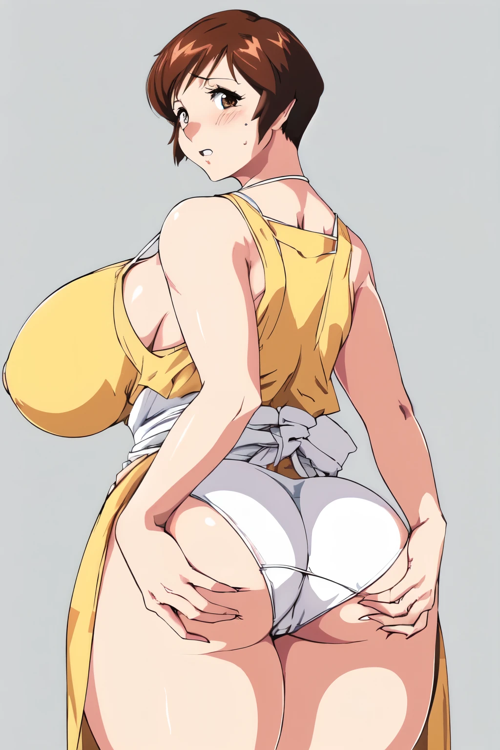 masterpiece, highest quality, High resolution, One girl, solo, sexual intercourse, Pornographic images, short hair, etsukoto, brown Eyes, fine grain, fine grain, (((Thick thighs, Plump thighs, Voluptuous thighs, Thighs alone are enough))), Huge and ample breasts, Cleavage, big long breasts, Naughty big,((big breasts are important))、((Naughty thighs)), L Cup, (thin:1.4),(Tight waist:1.4), (yellow micro dress:1.4), ((white waist apron)), anguish, blush, (((white panties))), (((Simple Background))), ((Wide Hips)), Shiny, Oily skin, Mature mother, Calf, Seductive mature woman, milf, Perfect body, Plus Size Model, curvy, ample, etsukoto, blush, clavicle, retro artstyle, 1990s (style), (thick thighs:1.4), Bare legs, (((grabbing own ass))), ass focus, (from behind, back view:0.7), half bare pussy, (nsfw),