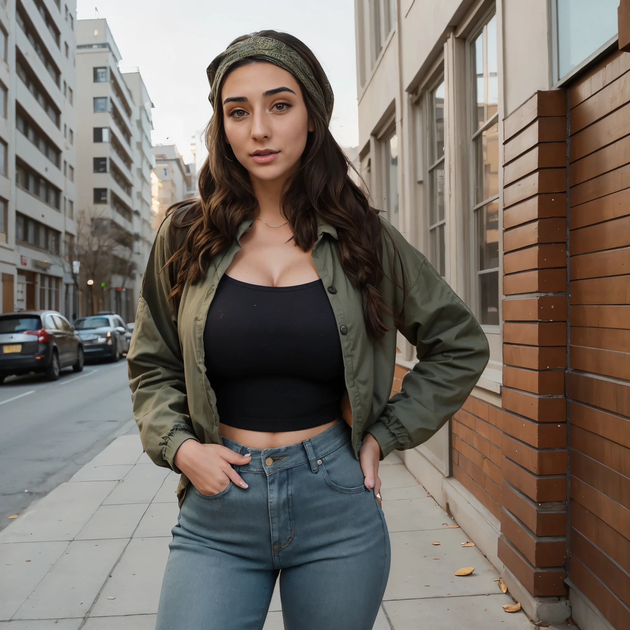 Extremely busty thin and toned brunette photographer, college girl, fair skin, loose side braid, soft face, athletic, bandana babushka headwrap, tight olive green casual windbreaker, skinny jeans. standing in front of her apartment building, outdoors, city, camera bag, cleavage