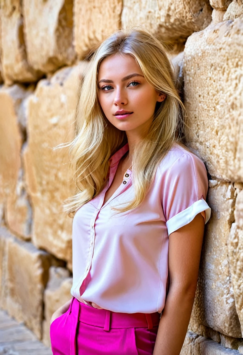 very beautiful blonde girl from Russia, loose hair, brown pants, pink blouse, it says Florian Gold, on the WAILING WALL ISRAEL.