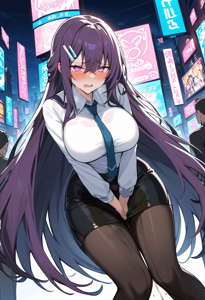 (masterpiece:1.37), best quality, (extremely detailed:1.37), woman, adult, mature, large breasts, (very long hair:1.5), dark purple hair, purple eyes, (extremely detailed eyes:1.37), business suit, necktie, long pencil skirt, pantyhose, (desperation:2.0), (wetting: self 3.0), standing, embarrassed, humiliation, blushing, angry, city, futuristic, neon lighting, high-tech