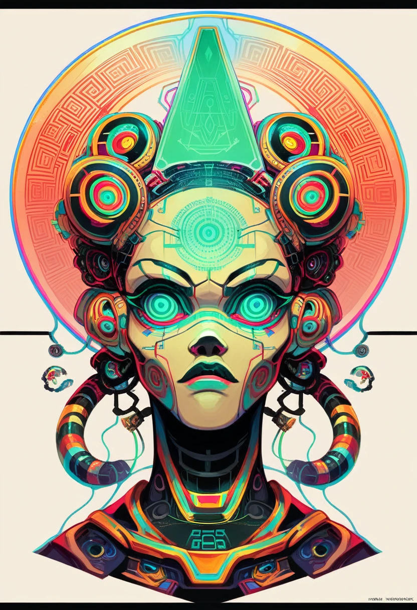 photo of the front of the metallic face melting and dripping dark images psychedelic images of geometric beings, intergalactic, magic, technology, Aztec Mayans, optical illusion geometry, mystical beings. cover for psytrance album ???,dmt,machine elfos