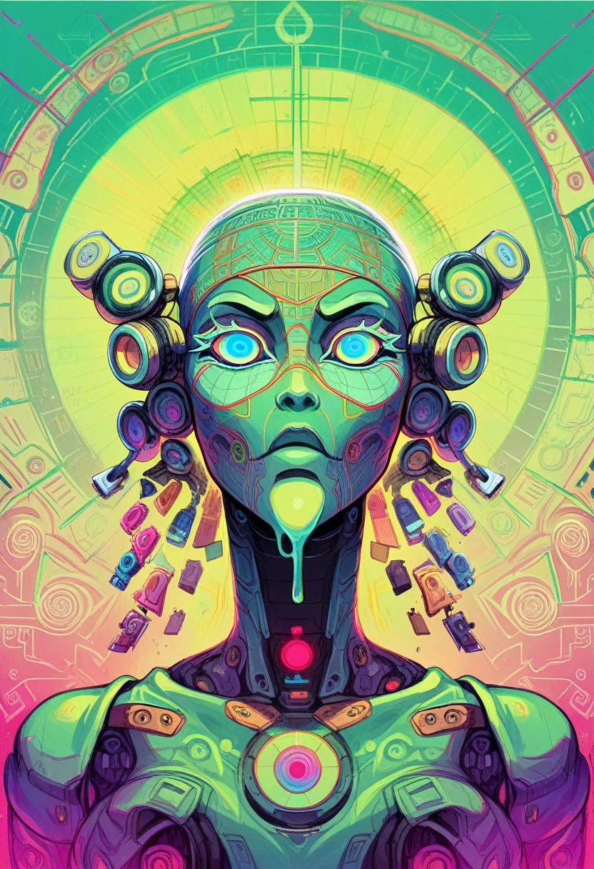 photo of the front of the metallic face melting and dripping dark images psychedelic images of geometric beings, intergalactic, magic, technology, Aztec Mayans, optical illusion geometry, mystical beings. cover for psytrance album lsd,dmt,machine elfos