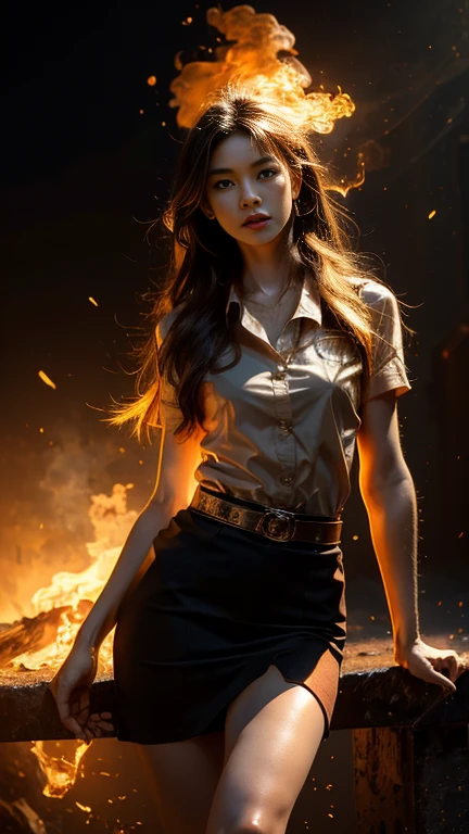 (fire element:1.1), knee shot, It consists of fire element,fire, transparency, burning, Frame print,burning hair,smoke,cloud,chopped, girl engulfed in flames, Flames fly and sparks scatter,mano burning,translucent luminescence, 18s woman in thai university uniform, long straight fire hair, white shirt, black tight mini skirt, brown belt, masterpiece:1.2, high detail, realistic, cinematic scene, fire goddess, slim and perfect figure, 16k, close up, portrait photo, dynamic powerful sexy pose