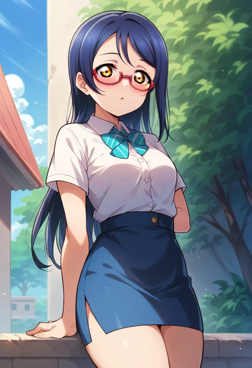 Masterpiece, best quality,Solo, cowboy shot,Sonoda umi love live, white shirt, half cleavage exposed, glasses, day,golden eyes,(blushing:1.2),mini skirt, side slit , thighs 