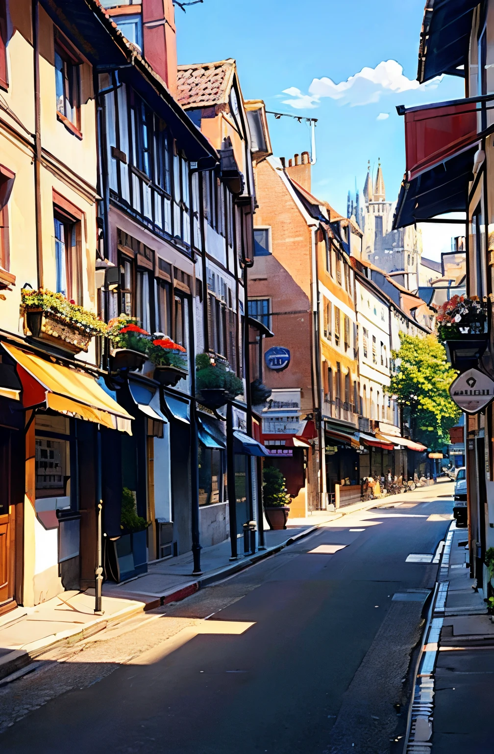 European cityscape、18th century、Old Townscape、colorful、flower、quiet、Bright light、morning、Sunlight、Brick、vivid、Wide street、Wide road、