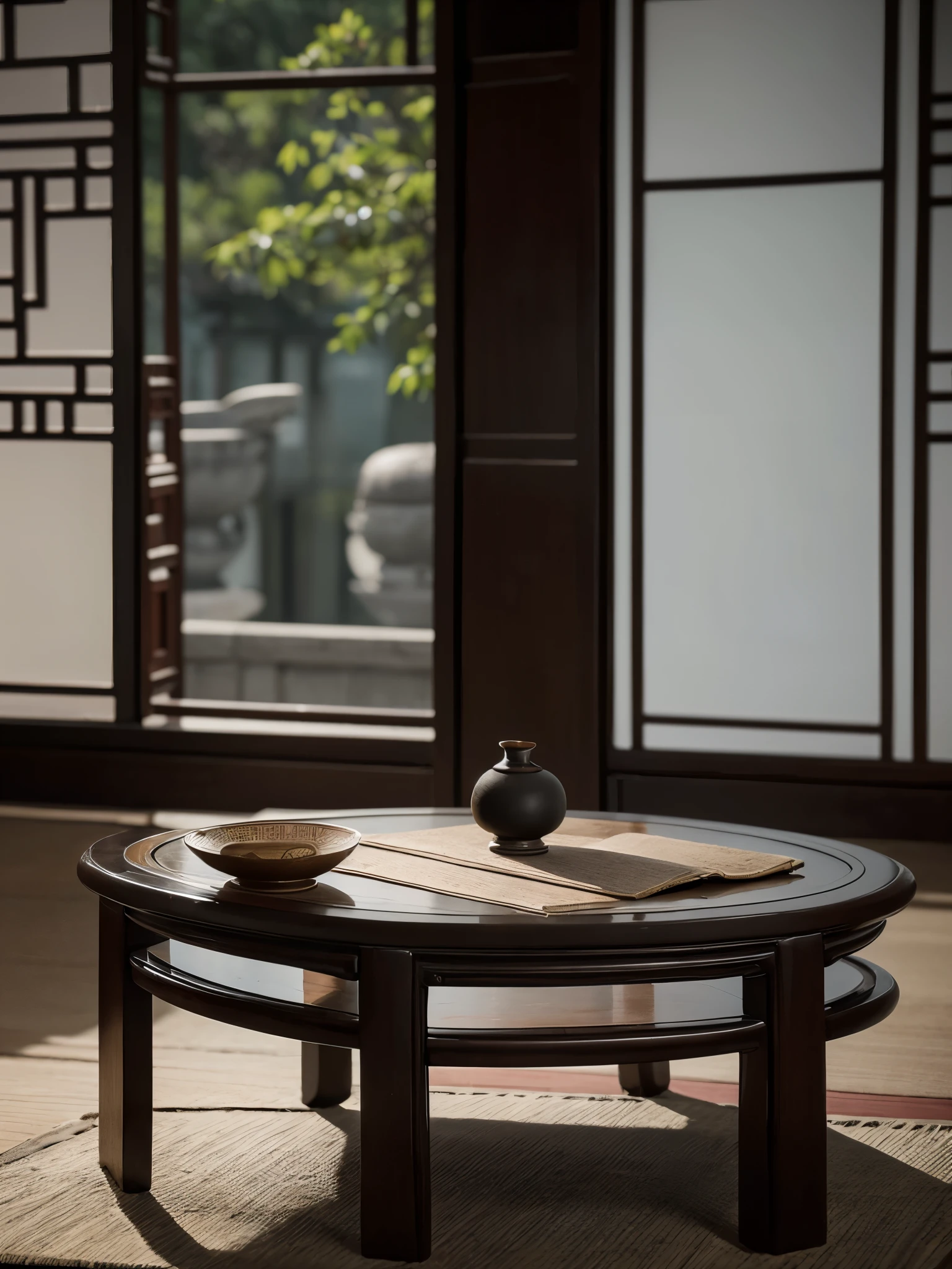 With the blurred gray-black Chinese-style study as the background,A tea table with Chinese wood grain、cup,Create an atmosphere with profound cultural heritage,The layering and classical charm of the picture。