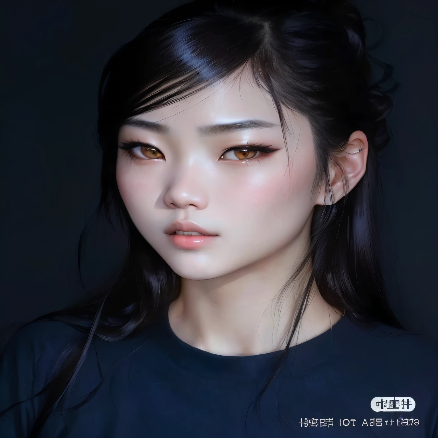 Arafed Asian woman with long black hair and band shirt ., kiko mizuhara, Ishida Sui, aoi ogata, Chiho Ashima, japanese model, Beautiful face of Japanese girls, Chen powder, beautiful aesthetic face, Kimi Takemura, pretty-face-fine girl, Yoshitomo Nara, made