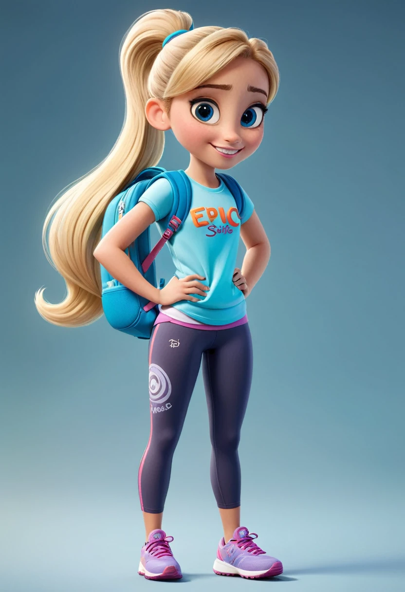 "Create a female character in the Disney Pixar style for a store called Estilo Épico. She must be a short, sporty girl of about 12 years old with blonde hair tied in a ponytail, big eyes and a captivating smile. She wears sports leggings with a modern design and has a backpack next to it with 'Epic Style' written in captivating colors. The character should appear friendly and full of energy.