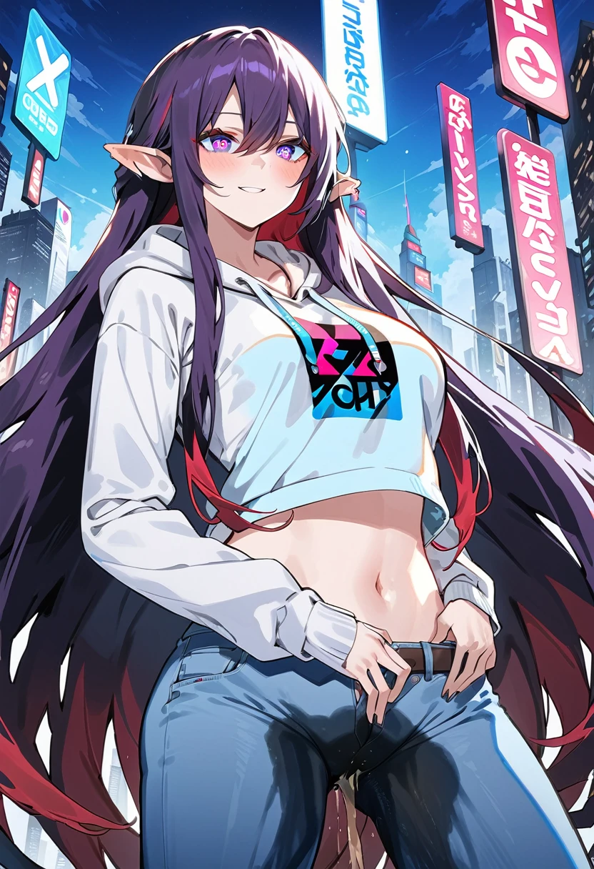 (masterpiece:1.37), best quality, (extremely detailed:1.37), woman, (very long hair:1.5), dark purple hair, purple eyes, (extremely detailed eyes:1.37), hoodie, navel, jeans, open fly, desperation, (wetting: self 3.0), standing, city, futuristic, neon lighting, high-tech