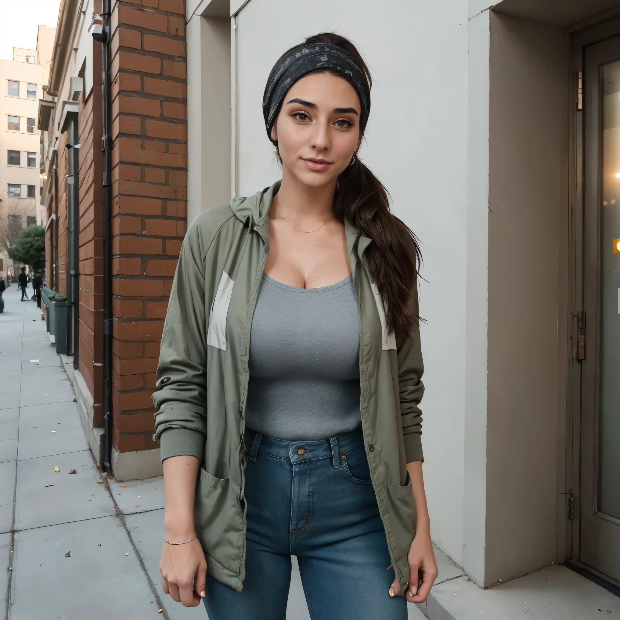 Extremely busty thin and toned brunette photographer, college girl, fair skin, loose ponytail, soft face, athletic, bandana babushka headwrap, tight olive green casual windbreaker, skinny jeans. standing in front of her apartment building, outdoors, city, camera bag, cleavage