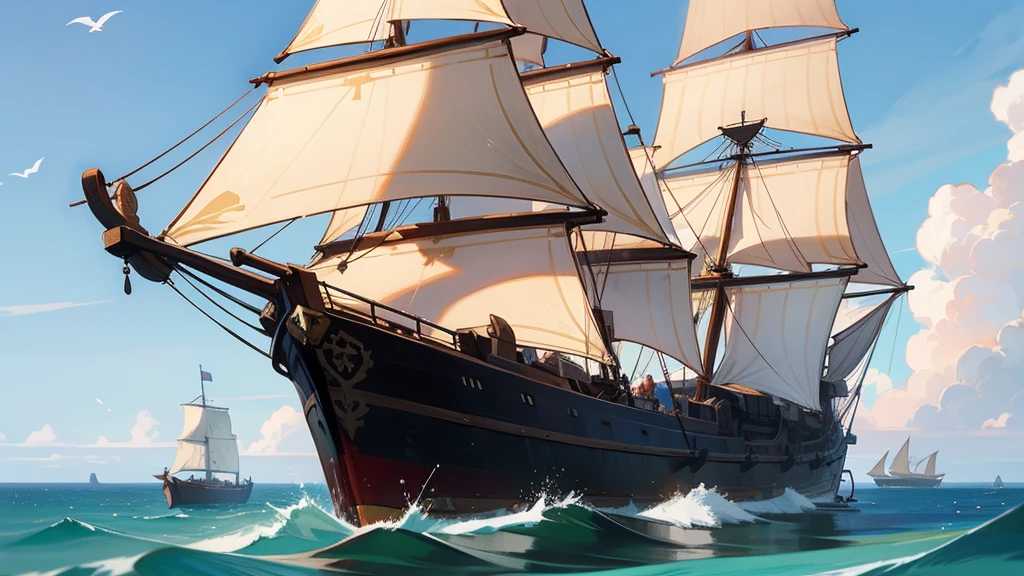 old ship, Medieval ship, Galeon, Sailing ship, open sea, clear sky, painting, one ship,