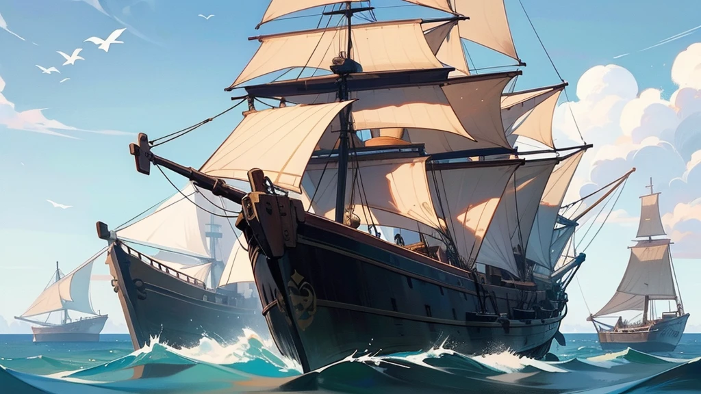 old ship, Medieval ship, Galeon, Sailing ship, open sea, clear sky, painting, one ship,