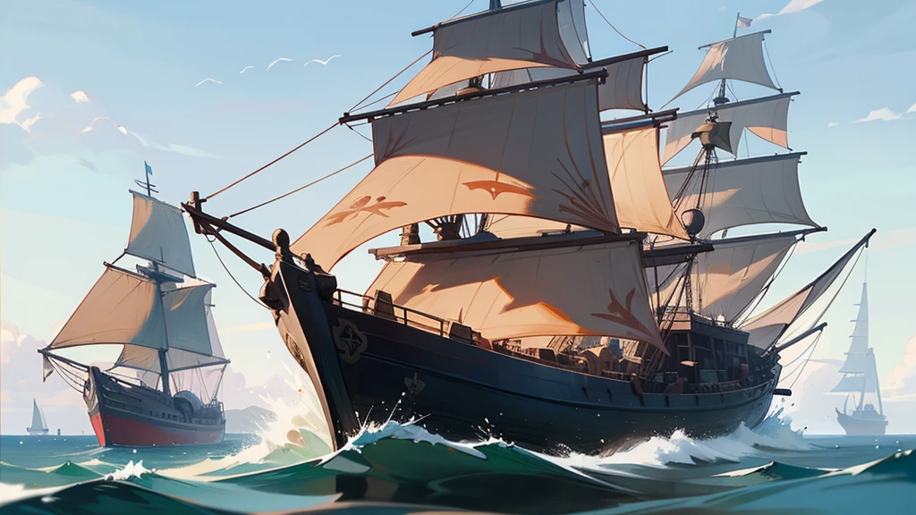 old ship, Medieval ship, Galeon, Sailing ship, open sea, clear sky, painting, one ship,