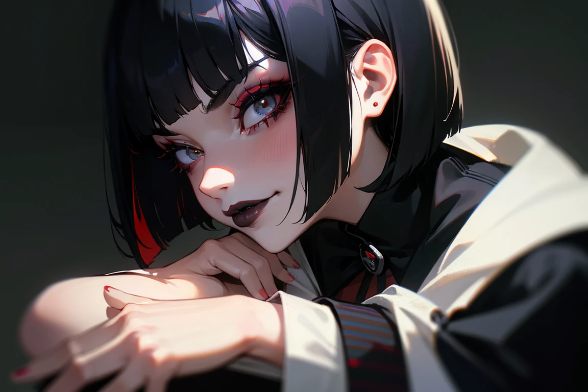 (masterpiece, best quality, Full HD), extreme close up, tilted angle, side view, woman portrait, gothic, bob cut black hair, black bands with red stripes, gothic make up, black lipstick, black eyelashes, doctor white coat, bokeh, blur, smirk